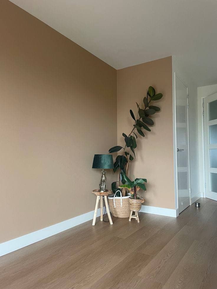 A terracotta corner styled with a wood stool, table lamp and a tall potted plant